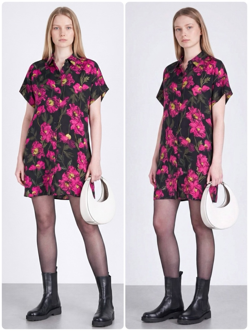 Alice + Olivia 100% Silk Floral Mini Shirt Dress Button Front Dropped Shoulder